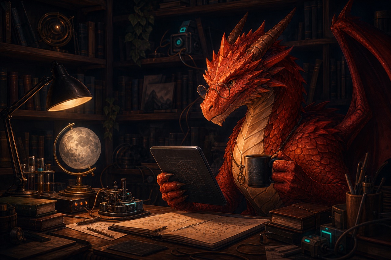 A fictional dragon researcher reading beside a small device in a dark library.